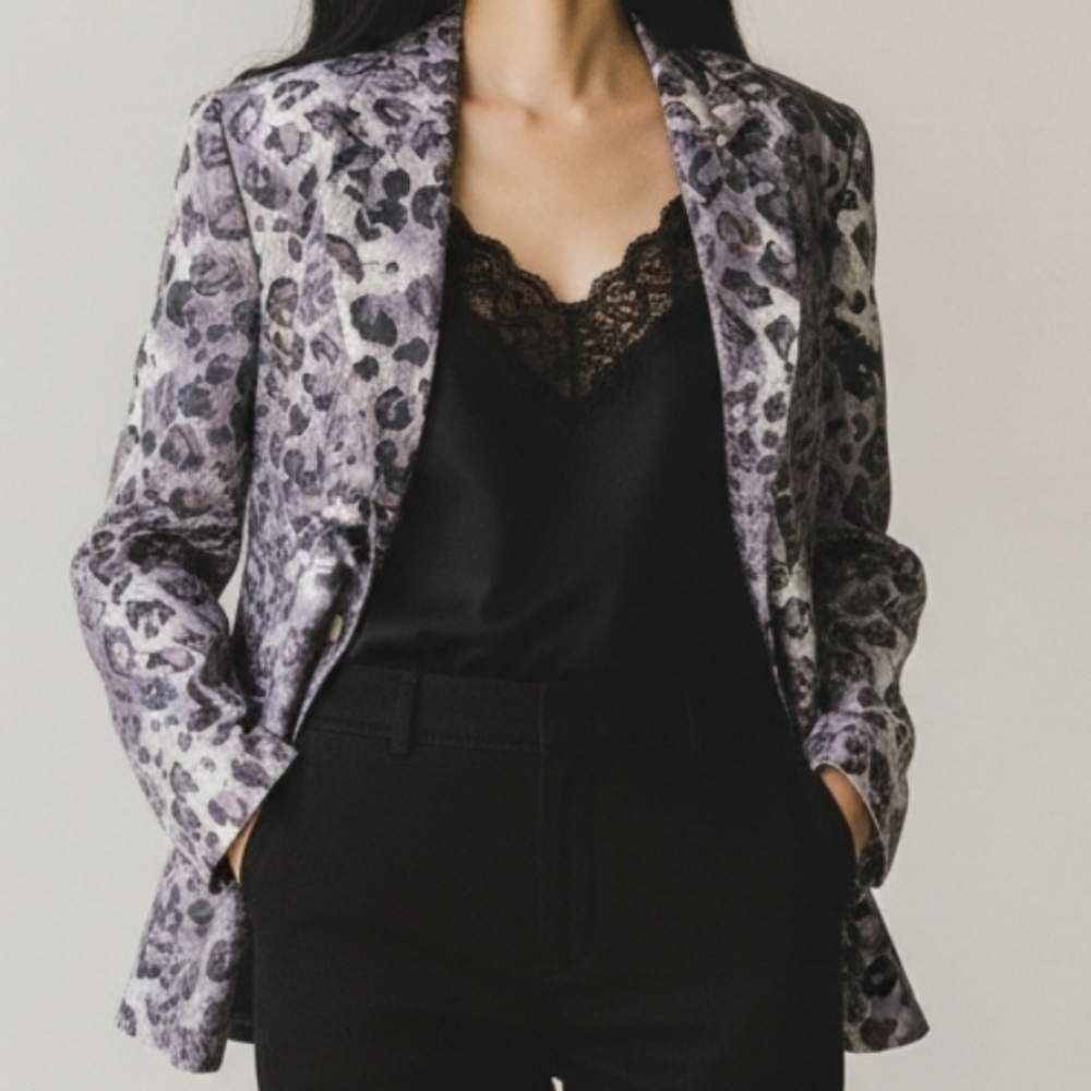 Vintage Silk Animal Print‎ Blazer Jacket Size S Petite Gray Relaxed Fit Women's